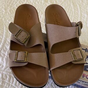 Skechers Taupe Slide Sandals with Buckles